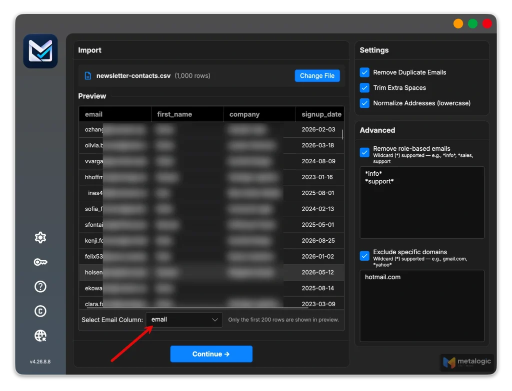 MailVexa import screen showing a CSV file loaded with the email column detected and a preview of the first rows