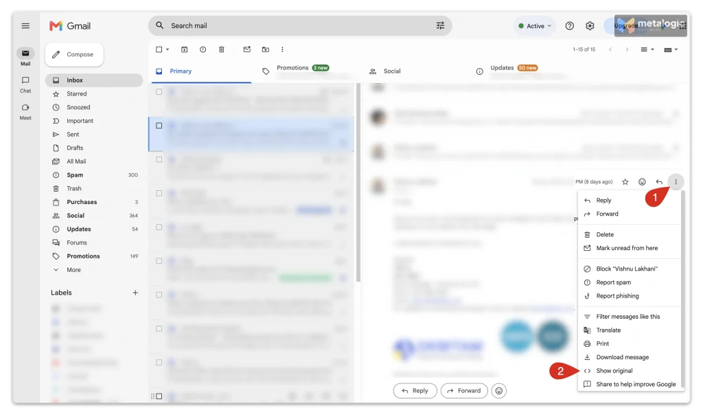 Gmail show original option location