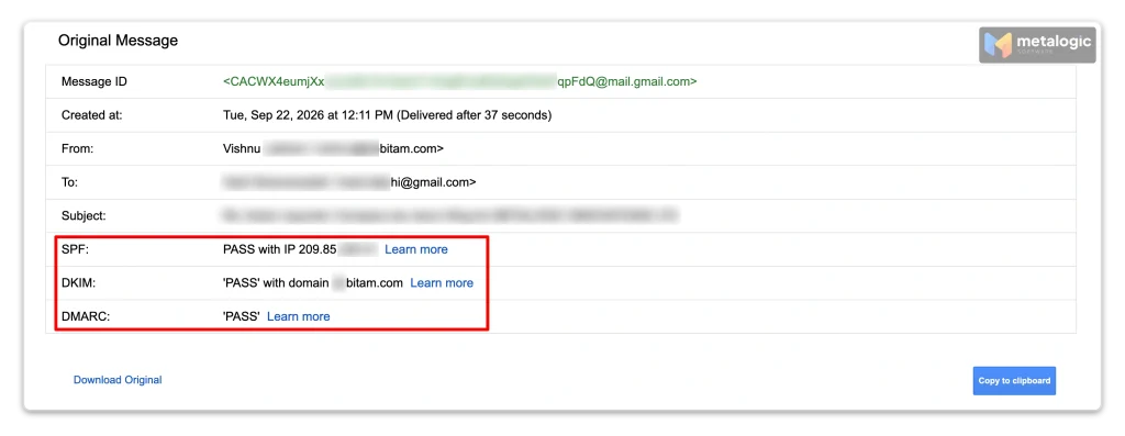 Gmail show original view with SPF, DKIM and DMARC authentication results