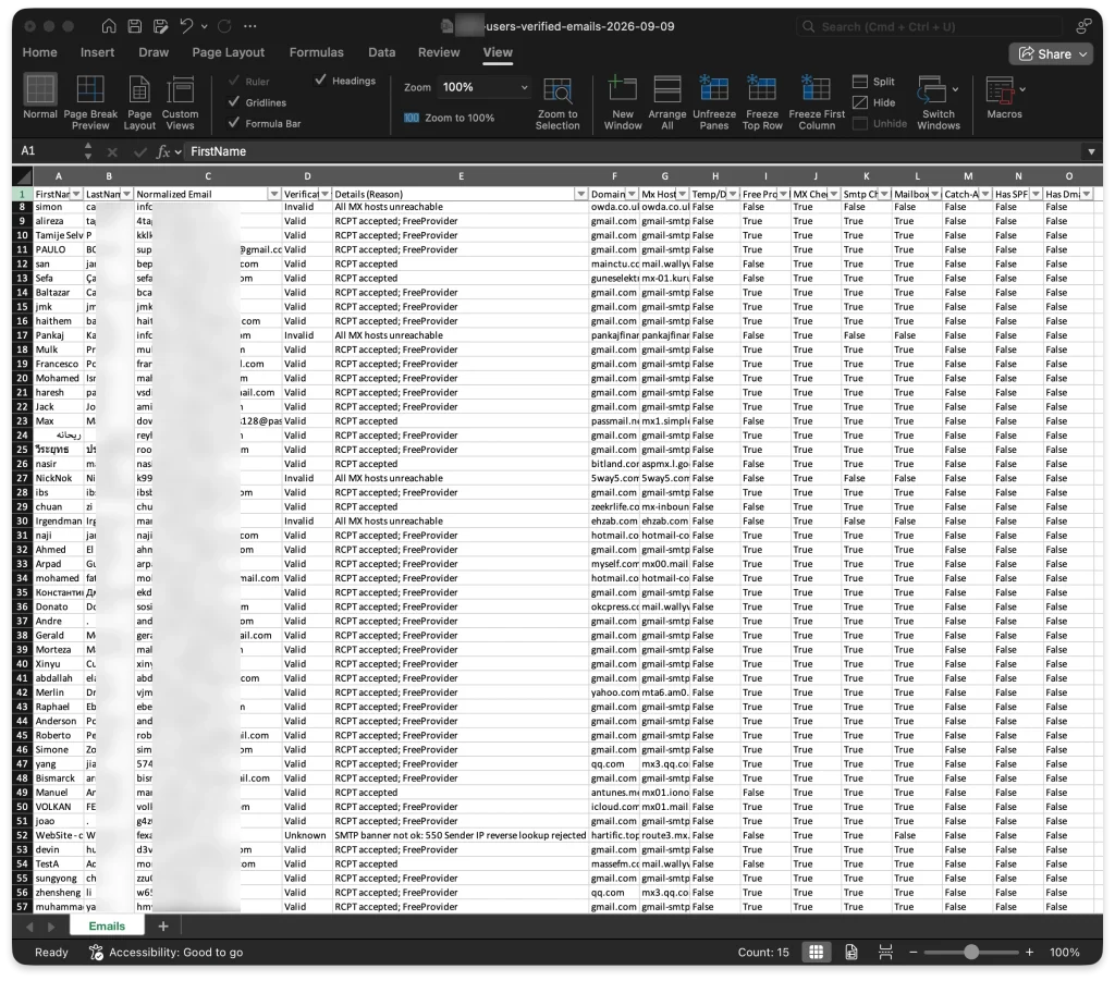 Check the reason behind a result, then choose which groups to export.