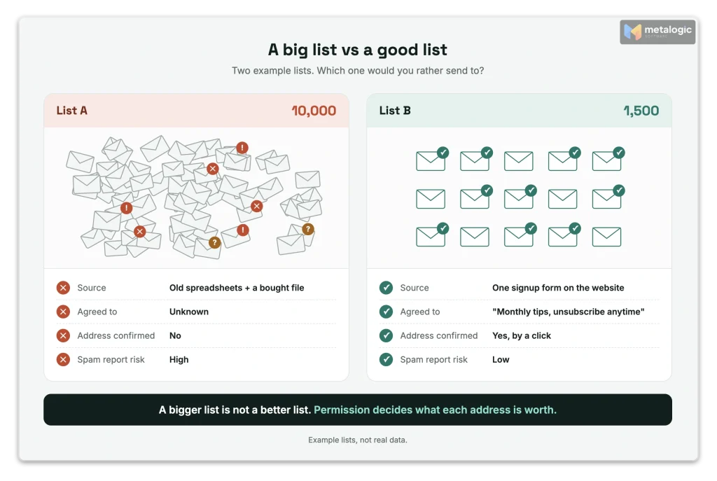 Comparison of a large unconsented email list and a smaller permission-based list