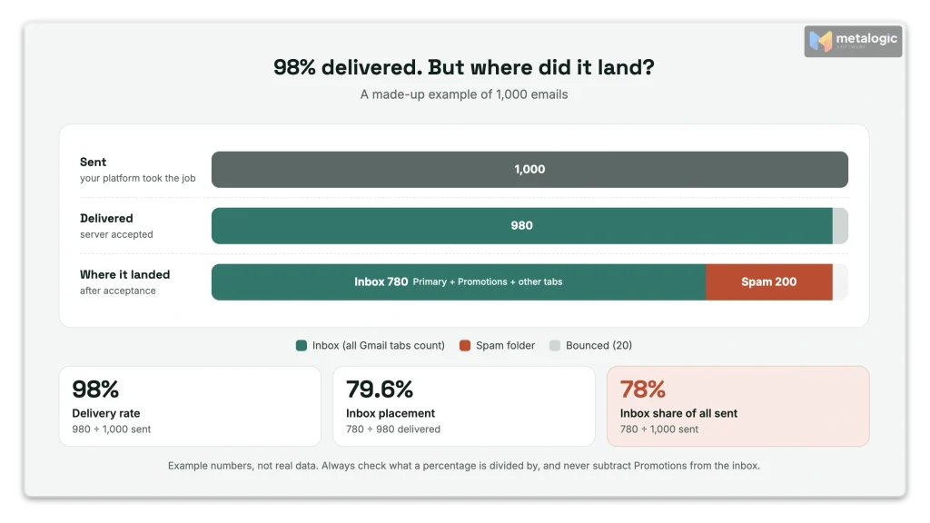 Bar chart comparing sent, delivered, inbox and spam counts in an example campaign