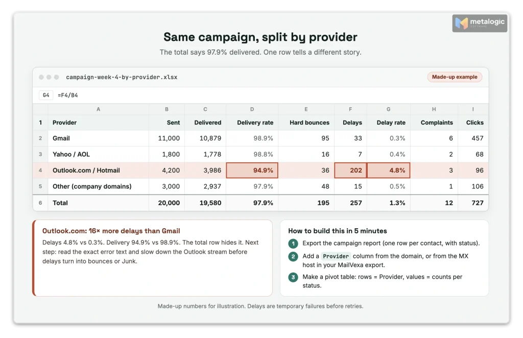 Campaign results grouped by mailbox provider with one provider highlighted