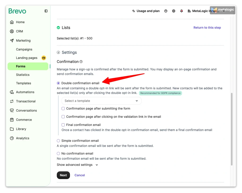 Brevo sign-up form settings with double confirmation email selected