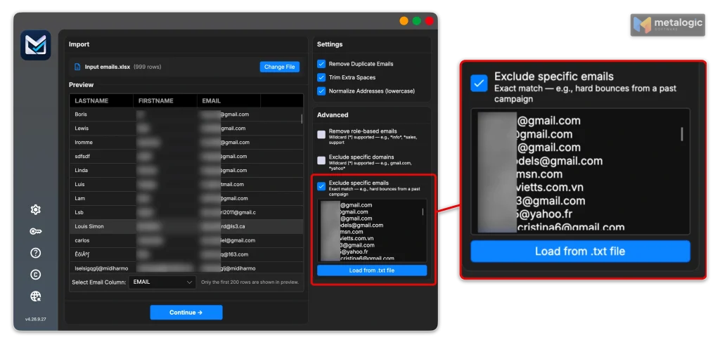 MailVexa cleanup screen with an exclusion list and the excluded emails counter