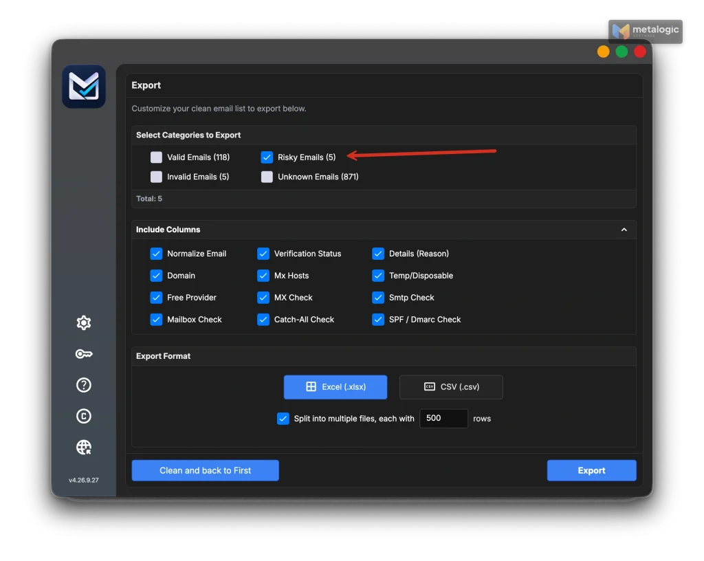 MailVexa export screen with only the Risky category selected