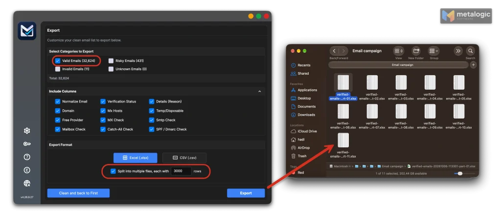 MailVexa export screen with Valid selected and split export into multiple files