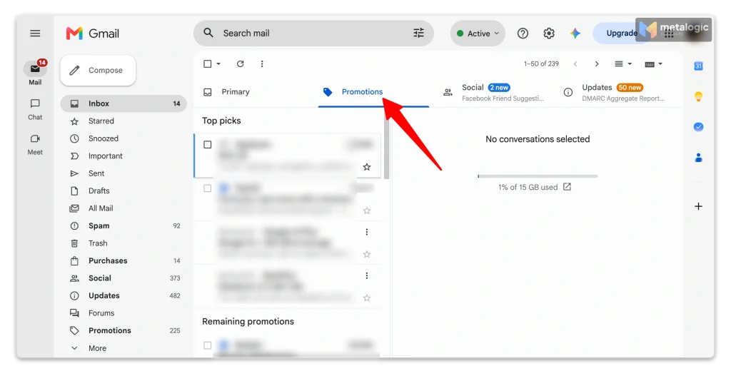Gmail inbox showing Primary, Promotions, Social and Updates tabs