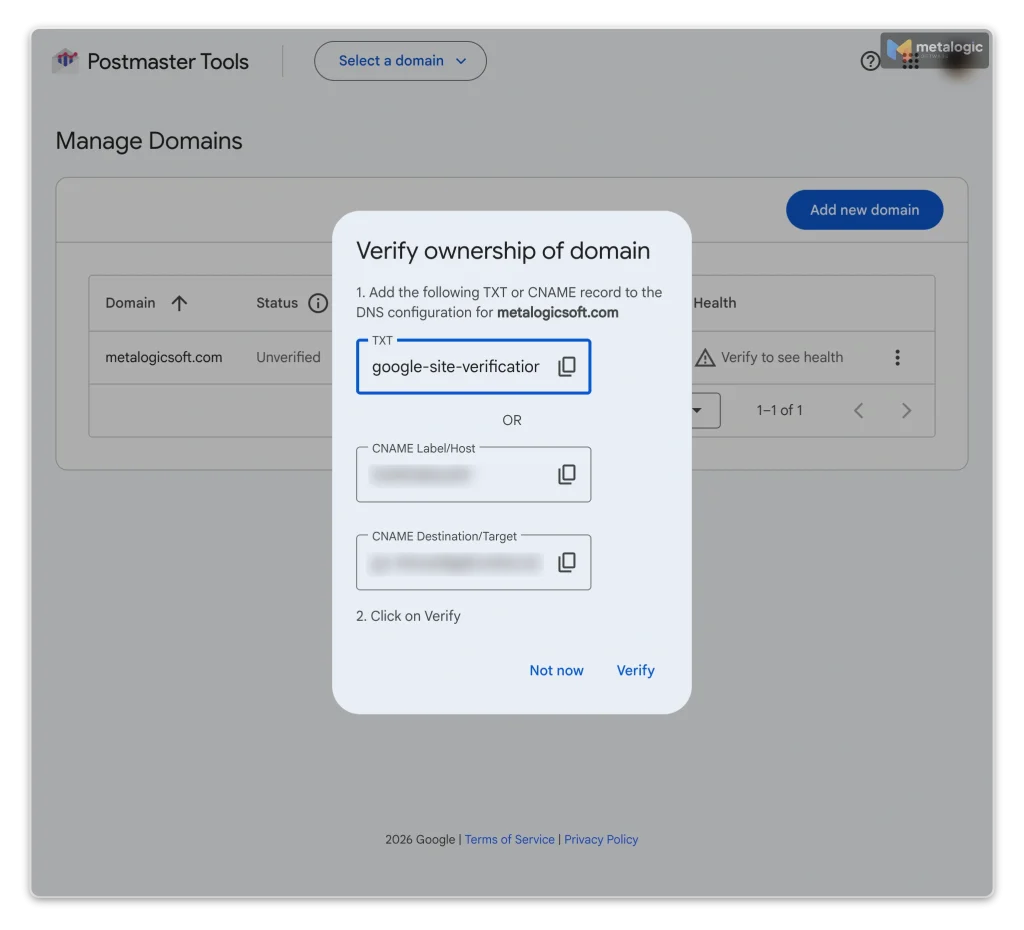 Google Postmaster Tools domain verification window with a TXT record