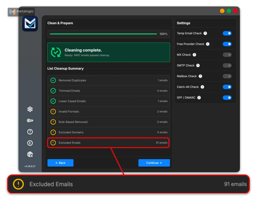 MailVexa cleanup screen with an exclusion list of emails and the excluded emails counter