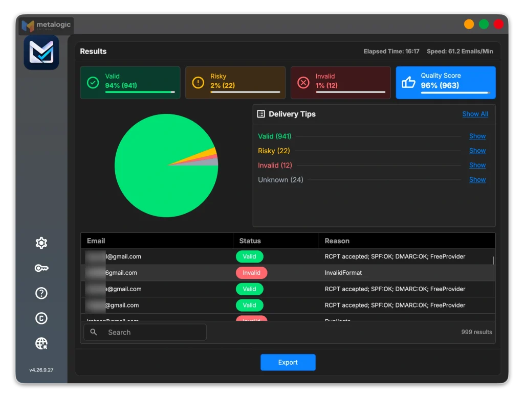 MailVexa results screen with 941 Valid, 22 Risky, 12 Invalid and 24 Unknown