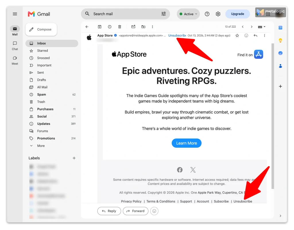 Gmail unsubscribe button next to the sender name with the confirmation dialog