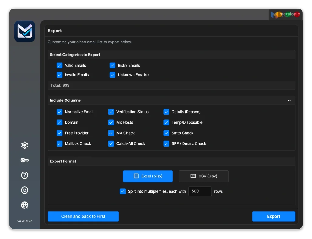 MailVexa export screen with category selection and split into multiple files option