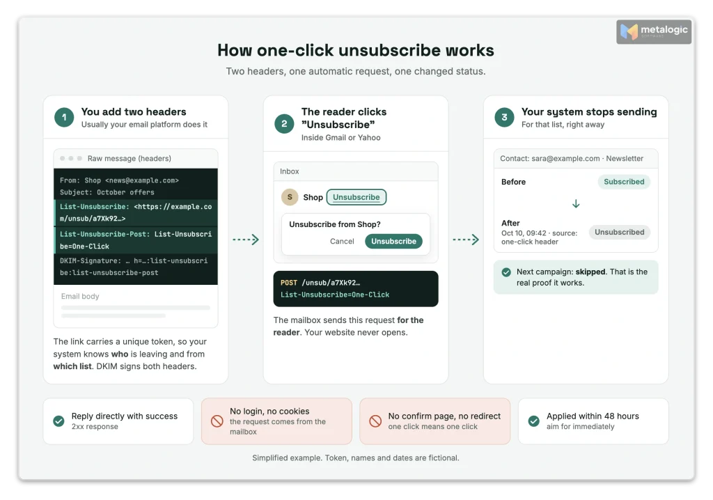 Diagram of how one-click unsubscribe works from email headers to unsubscribed status